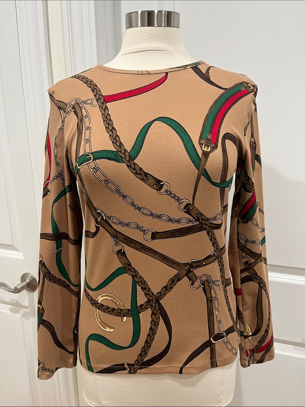 Lauren Ralph Lauren Equestrian Belting Print Long‎ Sleeve Tee Shirt Size Medium